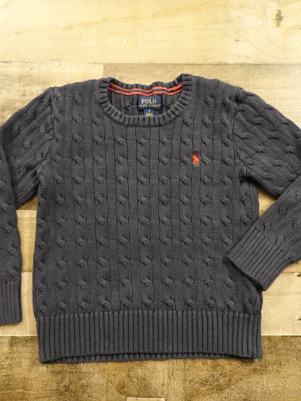 Polo Ralph Lauren Cable Knit Sweater Boys Size 7 Navy Red Pony Cotton